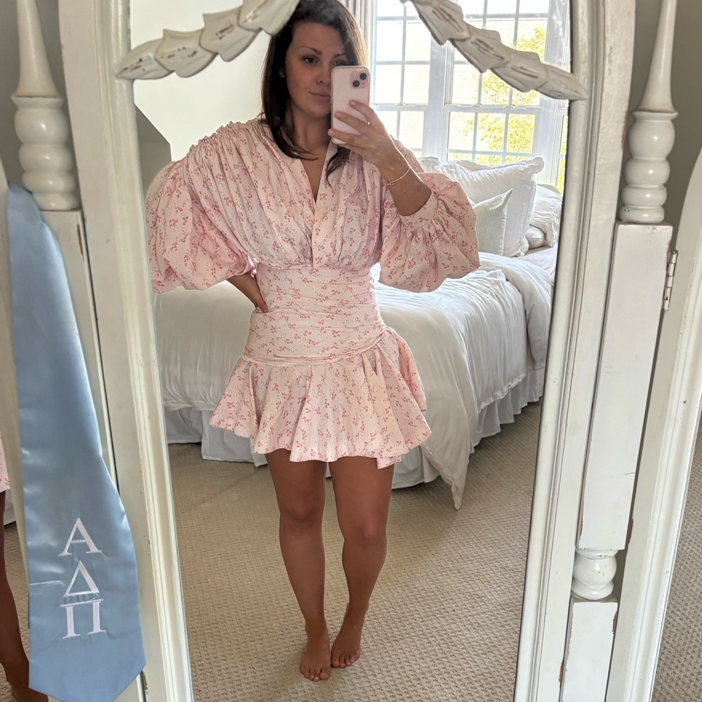 Acler Pink Floral Asymmetrical Puff-Sleeve Mini Dress
